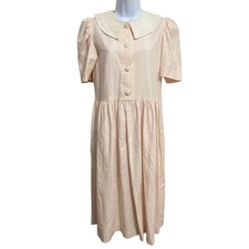 Vtg Linen Cotton Coquette Peter Pan Collar Midi Dress 14 Kawaii Victorian Retro