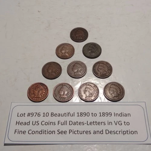 Lot #976 10 Beautiful Indian Head Penny Coins 1890 to 1899 VG to F See Pictures