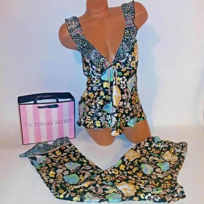 Victoria's Secret Satin Sleep PJ Pajama Cami Pants Set Flounce Floral Black sz M