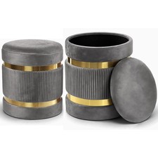 Set 2 Pouf Contenitore Grigio con Rivestimento Velluto Morbido Sgabelli Moderni