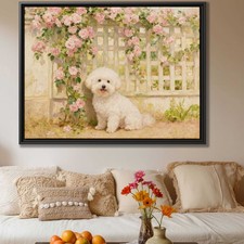 Oil Painting Dog Bichon Frise Canvas Print Floral Wall Art Living Room Decor