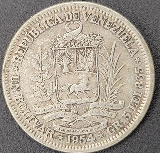 Venezuela 1 Bolivar 1954 Silver 5 Grams 0.835 Silver