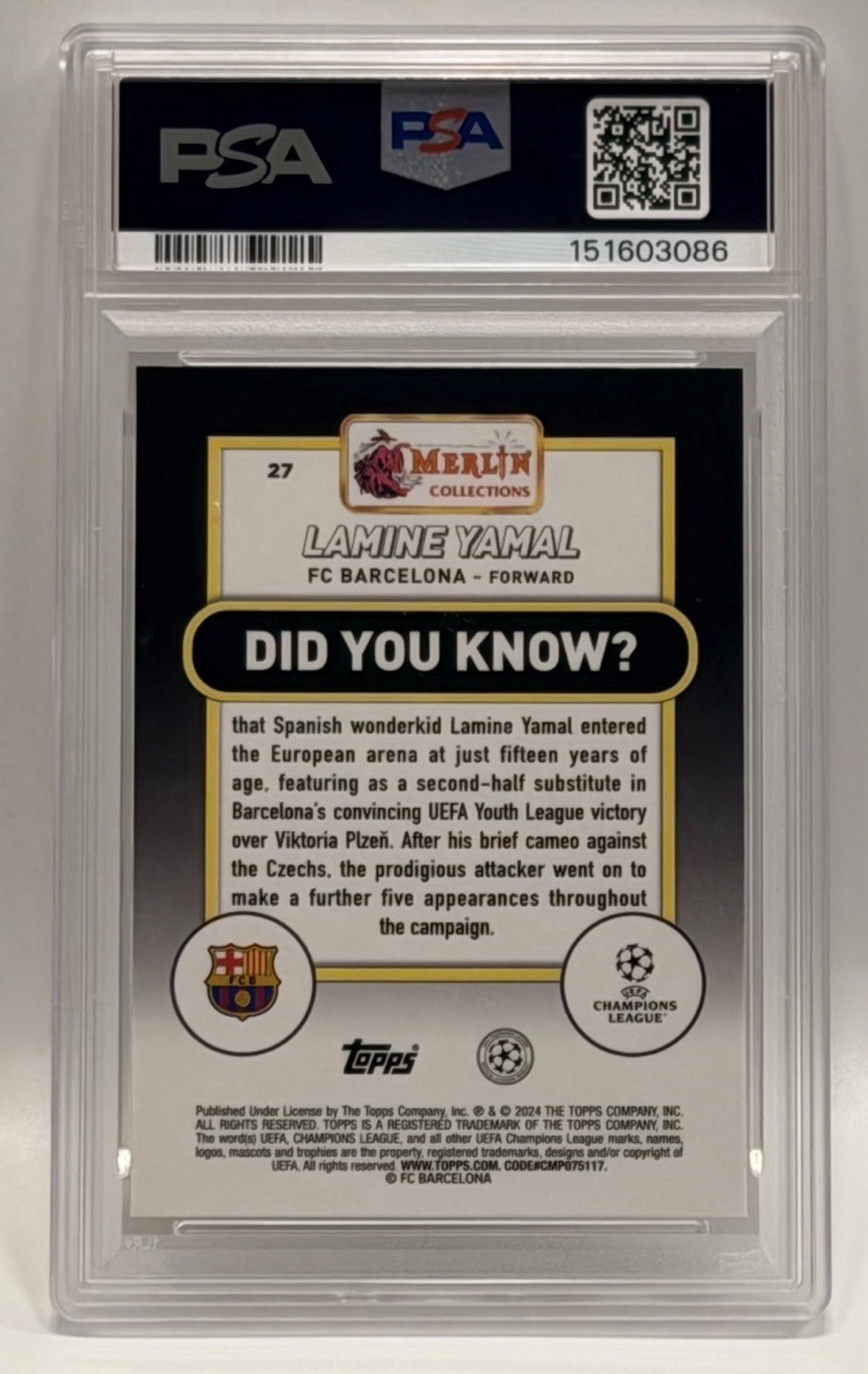 Lamine Yamal RC *PSA 10* 2023-24 Topps Merlin UCC Soccer #27 Barcelona GEM MINT view 3