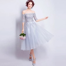 Fairy Bridesmaid Dresses Gray Tulle Applique Tea Length Wedding Party Dresses