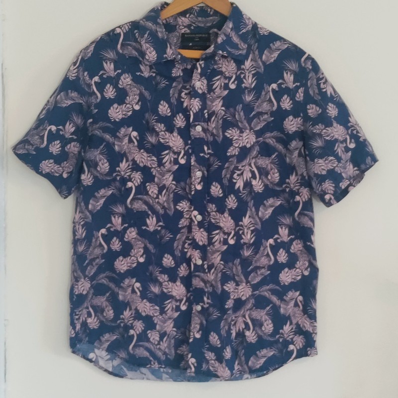 Banana Republic Men's Shirt Linen Cotton Short Sleeve Pink Flamingo Size M Slim