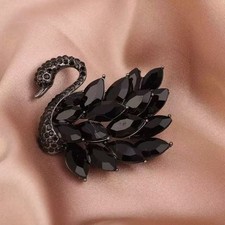 Black Crystal Swan Brooch Elegant Marquise Rhinestone Statement Pin Gift