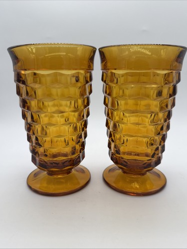Set Of 2 Amber Whitehall Colony Cubist Glass  Tumblers 6" T Indiana Glass
