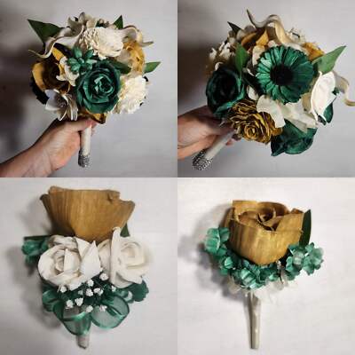 Hunter Green Ivory Gold Rose Sola Wood Bridal Wedding Bouquet Accessories