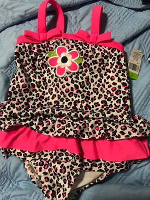 NWT Pink Leopard Print One Piece Swimsuit with flower 4T 