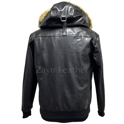 Men's Real Lambskin Leather Bomber Jacket Removable Fur Hood Black