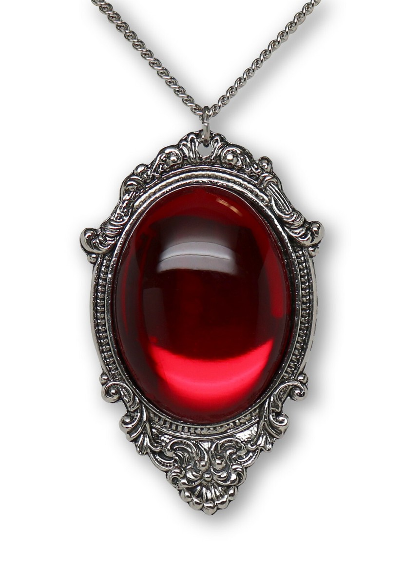 Blood Red Cabochon in Silver Frame Pendant Necklace Vampire Jewelry NK-620R