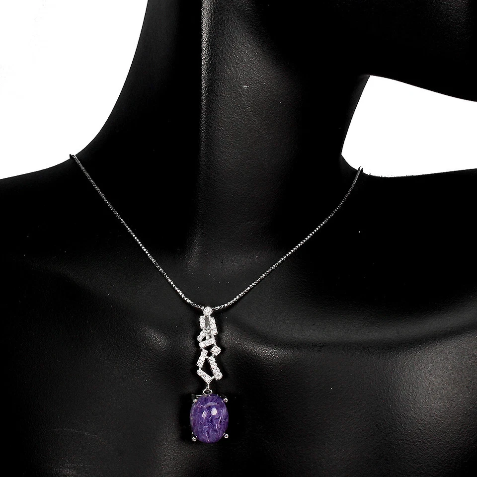 925 Argento Sterling Collana Ovale Charoite 11x9mm Naturale Gemma Gioielli 1 - Immagine 2 di 4