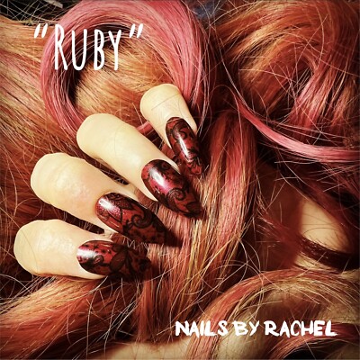 Press On Gel Fake Nails, Medium Stiletto, ''Ruby'' [magenta black lace]