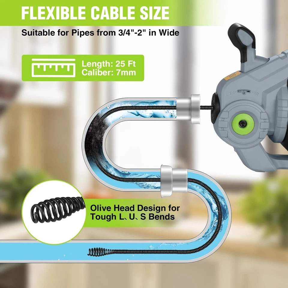 WORKPRO 20V NEW Electric Drain Auger 25Ft Plumbing Snake Drain Hair 3/4"-2" Pipe - Image 2 of 4