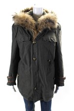 Pinko Womens Double Breasted Hooded Raccoon Fur Trim Jacket Brown Size Large