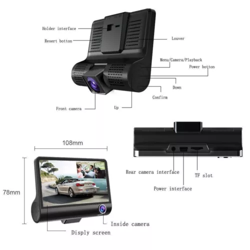 4'' Autokamera Auto KFZ DVR 3Lens Recorder 1080P Dashcam G-sensor Nachtsicht - Bild 9 von 15