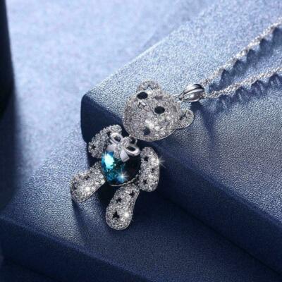 925 Sterling Silver I Love you Heart Blue Topaz Teddy Bear Pendant