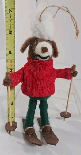 Pottery Barn "Daredevil Dog" On Skis W/Poles Christmas Tree Ornament Felted Wool - Picture 11 of 11