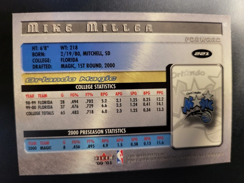 2000-01 Fleer Futures Mike Miller  RC Card #221 - Image 2 of 2