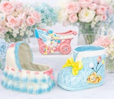 Vtg Baby Shower Planter Vase Jar Stork Teddy Bear Bassinet Relpo Napco Japan