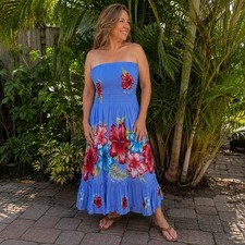 Vintage 90s Hawaiian Dress Tropical Floral Smocked Beach Resort Blue Rayon OS