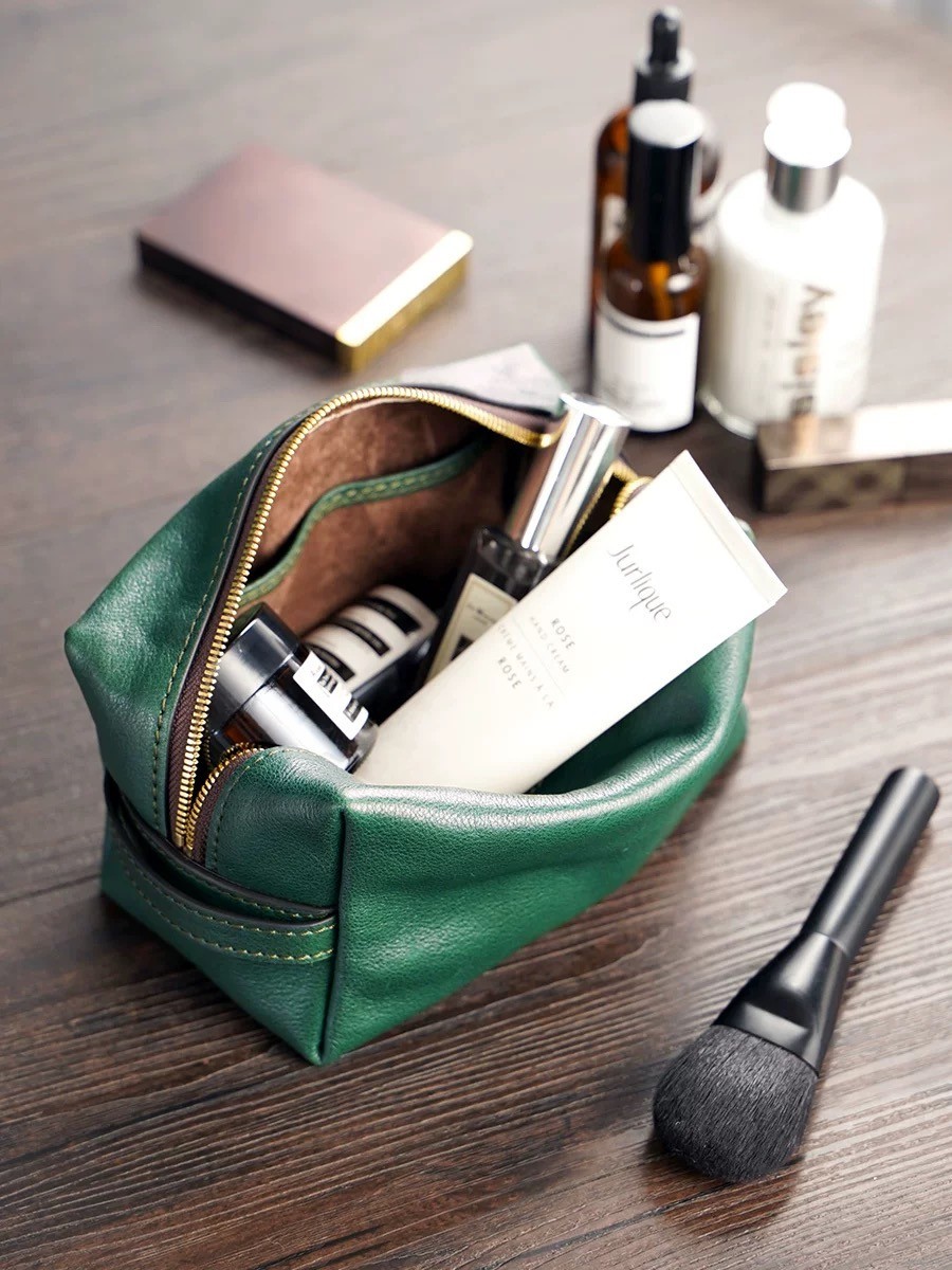 Green Leather Toiletry Bag | Vintage Style Travel Makeup Bag | Retro Organizer