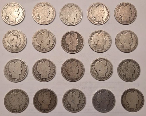 Lot of 20 1892-1915 US Barber Silver Half Dollars $10 Face Mixed Dates and Mints