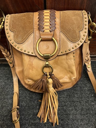 FRYE ilana Taupe Brown Tan Braided Leather Saddle Crossbody Bag Fringed Tassels - Picture 3 of 22