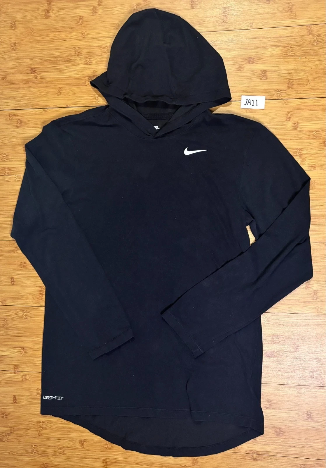 Nike Dri-FIT Long Sleeve Hoodie Tee Men's Black Swoosh Sports T-Shirt - Small