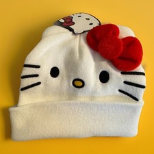 New White Sanrio Hello Kitty Knit Cuffed Beanie Hat with a Cute Red Bow  Ears