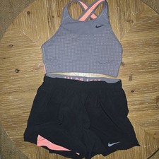 Nike 2pc Set Running Shorts Small Dri Fit Small Black Lined Neon SportBra Padded