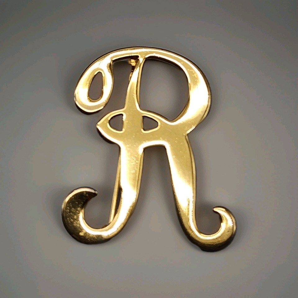 Vintage R Letter Brooch Gold Tone Initial Cursive Monogram Scrolling ...