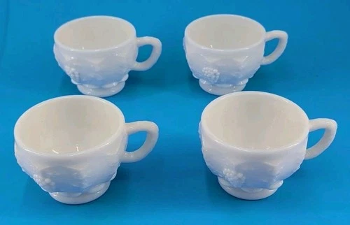 Set Of 4 Vintage Westmoreland  White Milk Glass Footed Punch Cups Paneled Grapes
