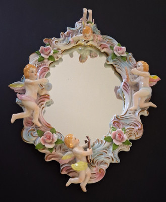 VTG Japan Porcelain Wall Mirror or Tray 3-D Cherubs & Roses Rococo Style READ