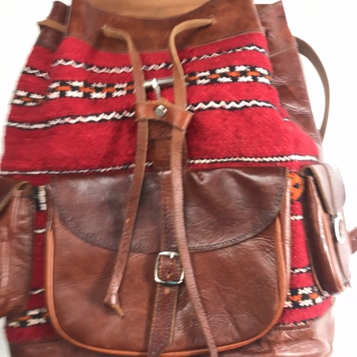 Handcrafted Moroccan Leather Bag Backpack Boho Chic Kilim Carpet Rug - Picture 11 of 16