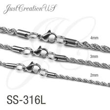 Stainless Steel 316L 2mm 3mm 4mm Rope Chain Necklace Men Women 14in-30in
