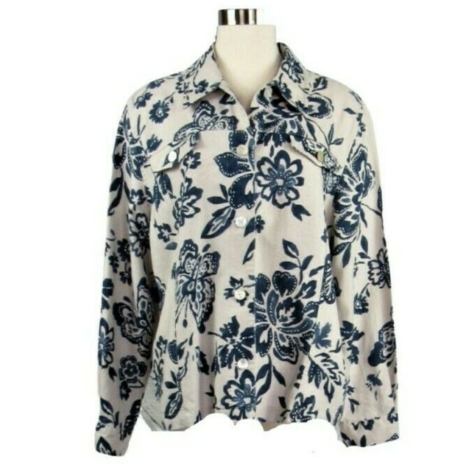 Jacket Linen Button Front Side Pockets Blue Batik Floral Print Cottagecore Sz 16-image