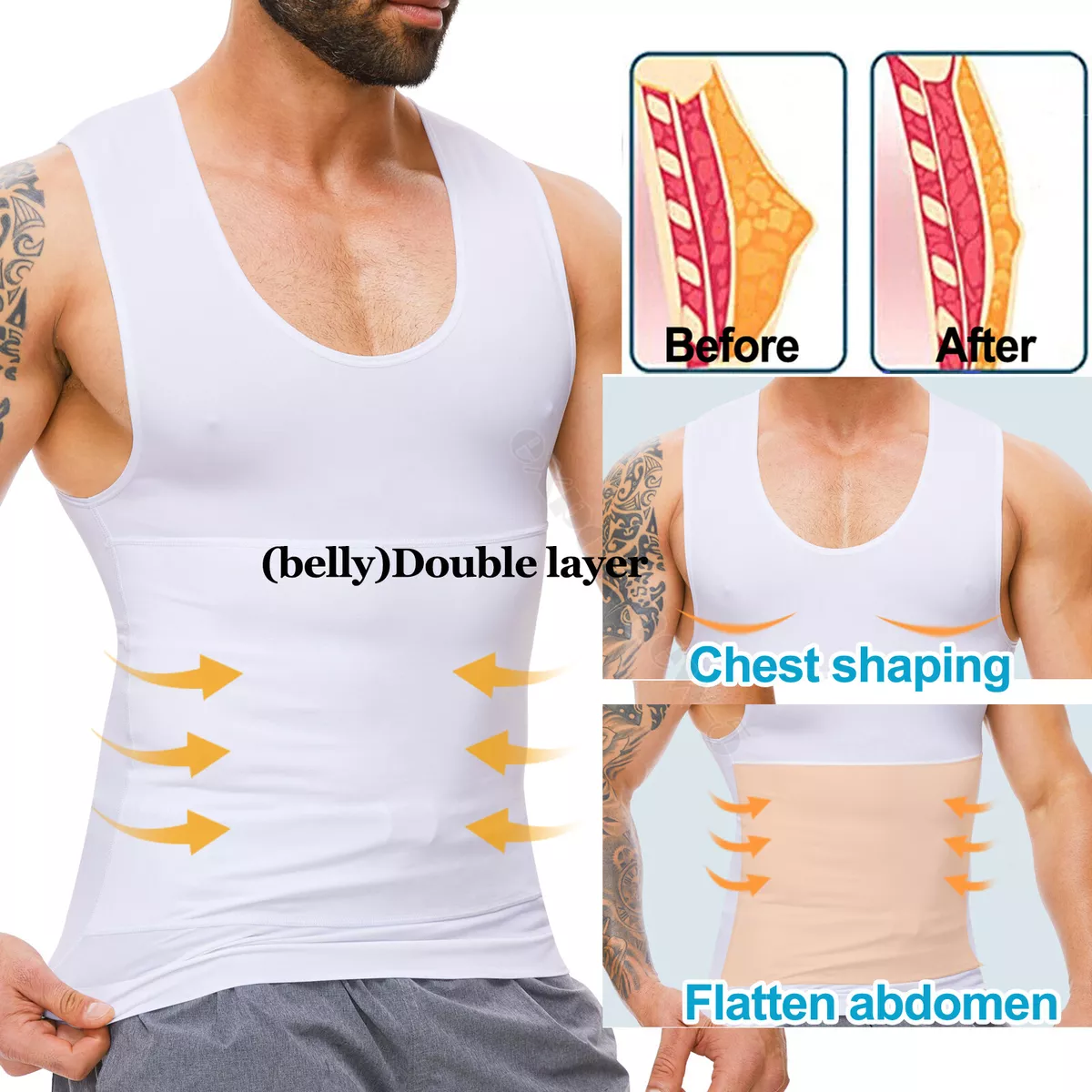 Mens Slimming Shirt Body Shaper Compression Vest Hide Moobs Belly Waist Trainer eBay