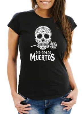 Damen T-Shirt Sugar Skull Dia De Los Muertos Totenkopf mit Blumen Slim Fit