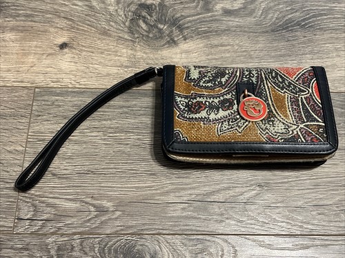 Spartina Natural Linen Genuine Leather Wallet Wristlet Paisley Zip Closure - Picture 2 of 14