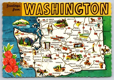 Map Greetings from Washington Evergreen State Vintage Postcard