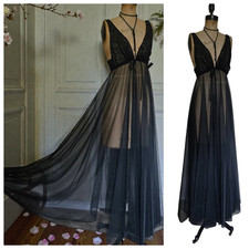 Tall Ladies - VTG 80s Fredericks of Hollywood Black Chiffon Nightgown Women Med