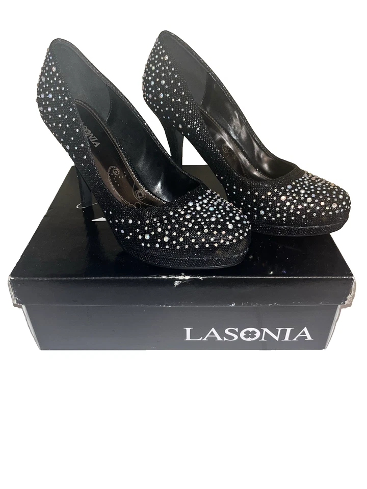 Tacones de vestir Lasonia negros brillantes punta cerrada talla 7,5 - M7756 con caja Foto 2 de 4