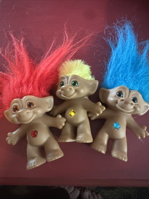 Lot of 3 Vintage ACE Novelty TREASURE TROLLS Gemstone Belly Jewels. Ruby, Topaz