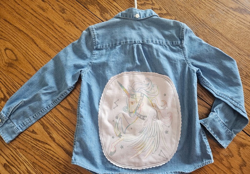 Crewcuts Denim Shirt with Pink Unicorn embellishment on back Size 6