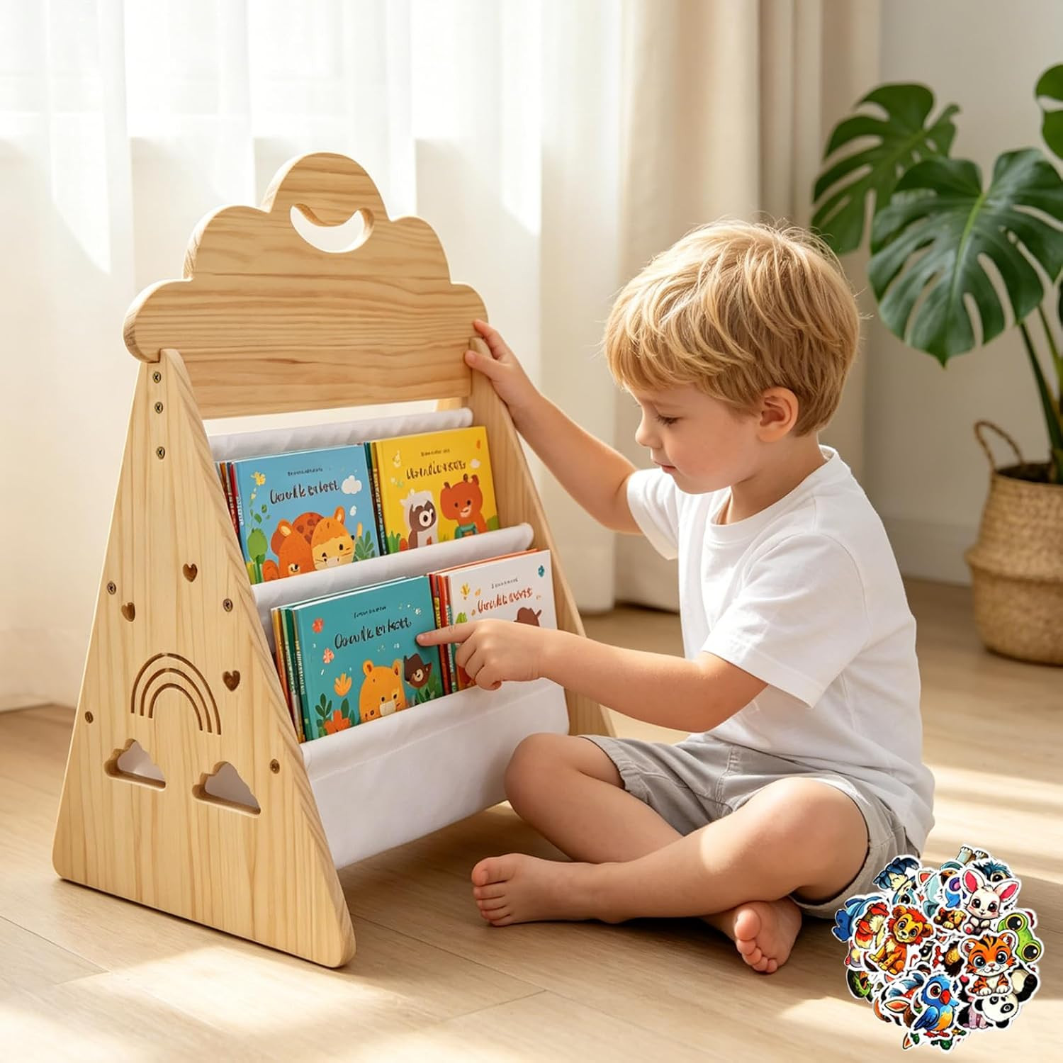 Wood Kids Bookshelf Portable Montessori Toddler Bookshelf with Top Handle Double