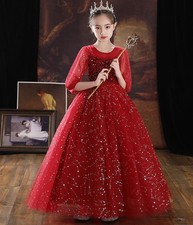 Kids Girl Ball Gown Long dress Bling Sequins Princess Wedding Frock Red 35231