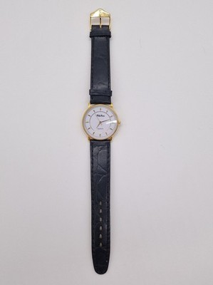 Philip Persio Herren stilvolles 24 Karat vergoldetes Gehäuse mit schwarzem Lederarmband 