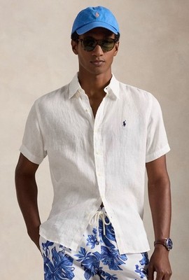 現行 美品 POLO RALPH LAUREN Linen 100% Shirt Polo Ralph Lauren White 100% LINEN Short Sleeve Classic Button