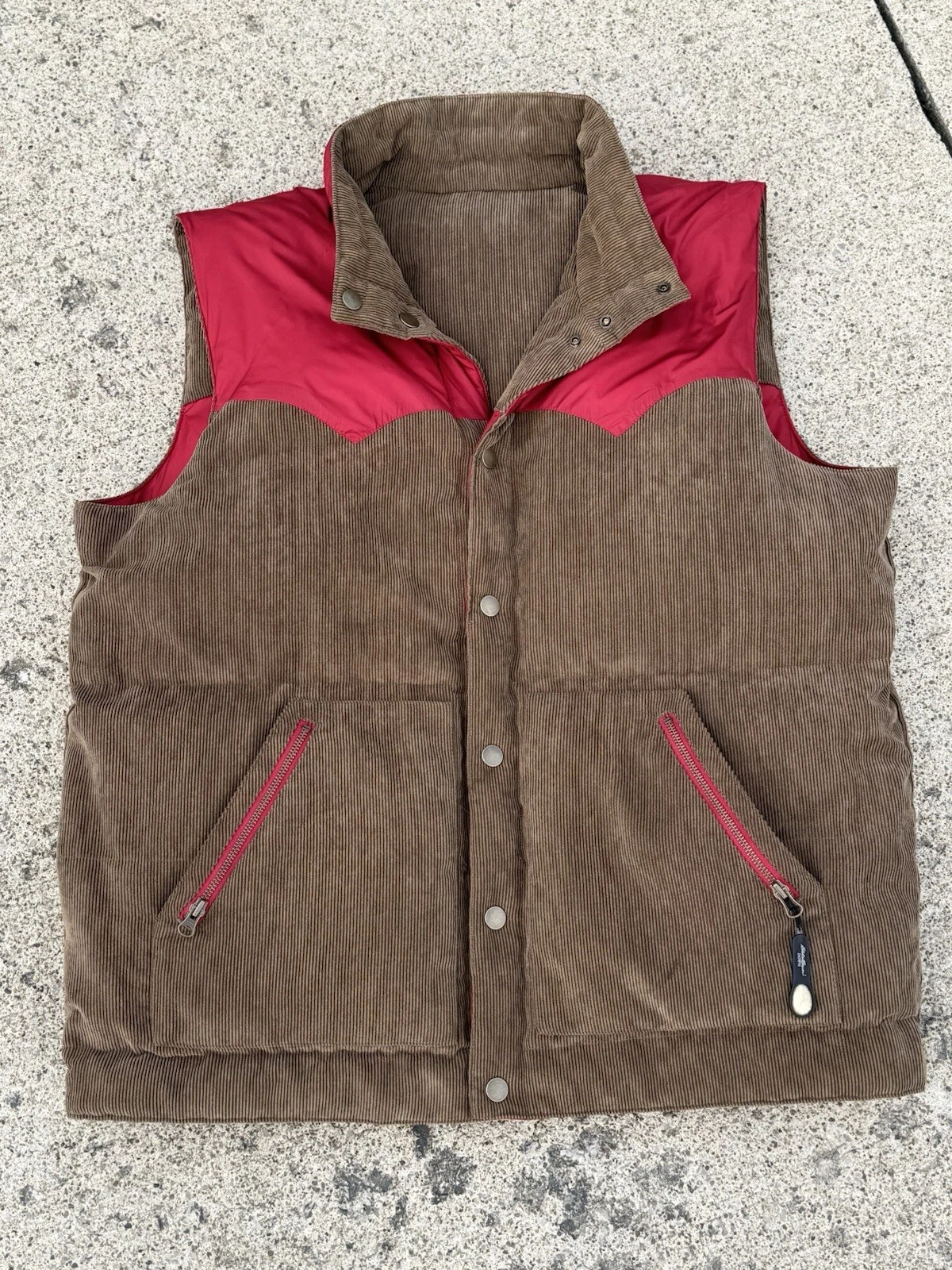 Eddie Bauer Vest Mens XLT Red Brown Corduroy Reversible Snap Button Goose Down